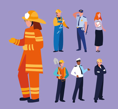 Set Of Professions People With Uniform Of Work