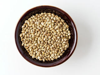 Seeds of hemp in the plate, isolated on white background.