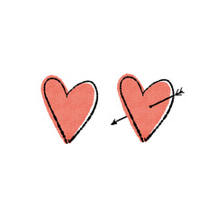 Hand drawn sketchy illustration of red heart with arrow. Loose drawing in retro style.