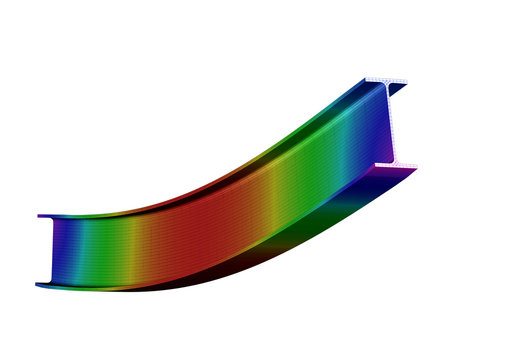 A simple supported I-beam bending under uniform distributed load. Isometric view 3D Illustration of mesh deformation and plot of deflections from finite element analysis on white backround