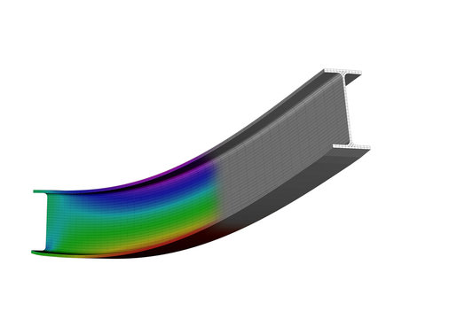 A simple supported I-beam bending under uniform distributed load. Isometric view 3D Illustration of mesh deformation and plot of normal stresses from finite element analysis on white backround