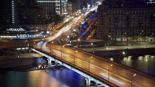 Gimbal timelapse shot of new arbat in Moscow center illuminated in night autumn day. Top view shot of timelapse of Moscow center Arbat with car trafiic