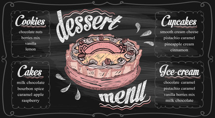 Chalk dessert menu template on a chalkboard - cupcakes, cakes, ice-cream and cookies.