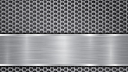 Background in gray colors, consisting of a metallic perforated surface with holes and a polished plate with metal texture, glares and shiny edges
