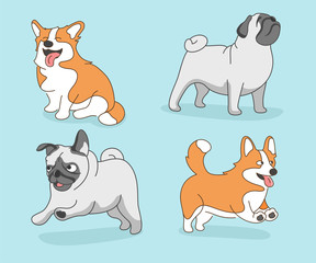 Cute dogs. Vector illustration of funny cartoon dog breeds Corgi and pug in a trendy flat style. Set of puppies, Pets.