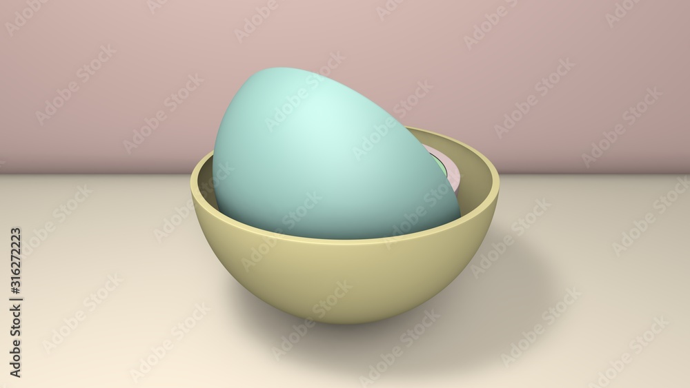 Poster 3d illustration of a few hemispheres, the halves of the balls. segments are arranged randomly, rando