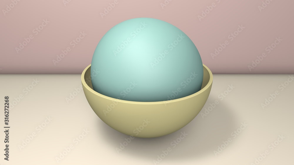 Poster 3d illustration of a few hemispheres, the halves of the balls. segments are arranged randomly, rando