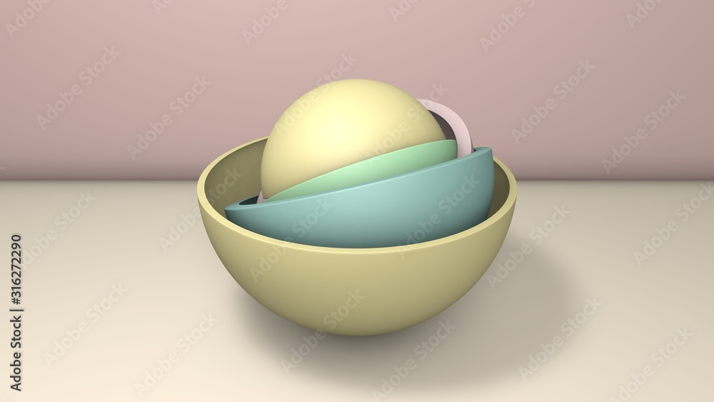Poster 3d illustration of a few hemispheres, the halves of the balls. segments are arranged randomly, rando