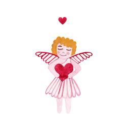 Watercolor card with Cupid and hearts isolated on white background