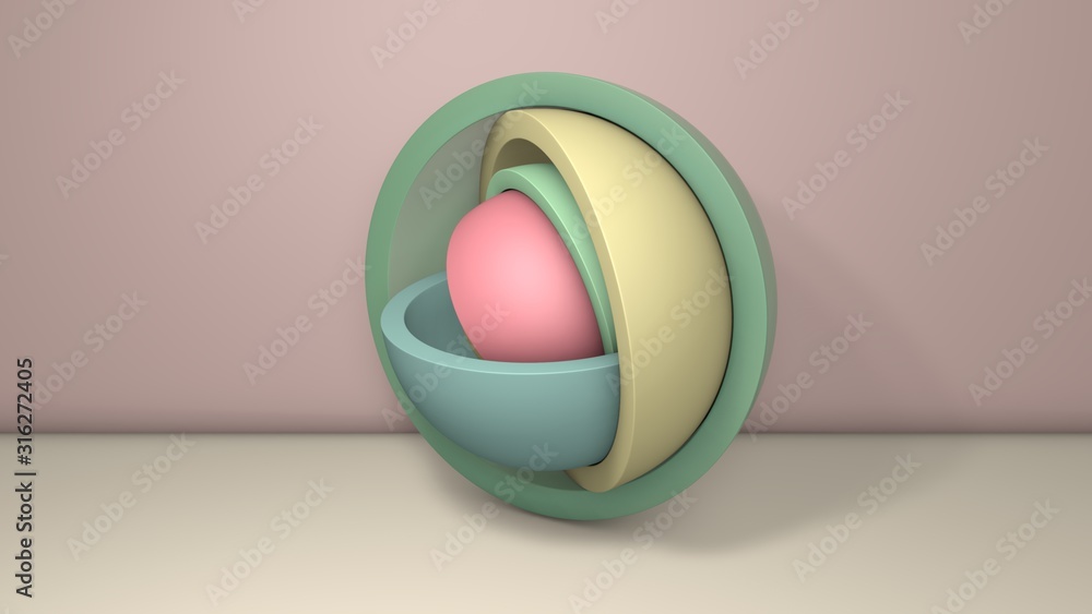 Poster 3d illustration of a few hemispheres, the halves of the balls. segments are arranged randomly, rando