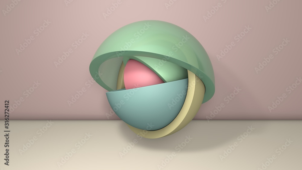 Poster 3d illustration of a few hemispheres, the halves of the balls. segments are arranged randomly, rando