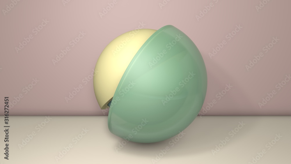 Poster 3d illustration of a few hemispheres, the halves of the balls. segments are arranged randomly, rando