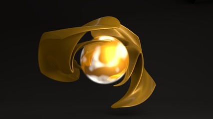 3D composition of two unique Golden figures connected by a glowing sphere, a shining ball. Futuristic 3D rendering of unique abstract forms, ideas of prosperity and luxury, power and energy.