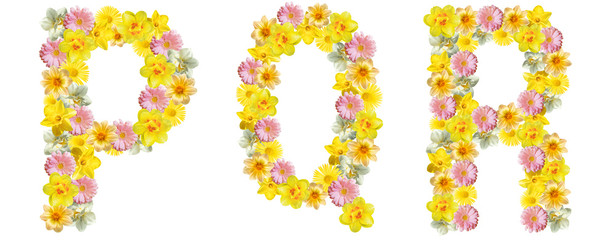 Letters of flowers. P, Q, R. Yellow, white and pink flowers: daffodils, gerberas, daisies. Bright creative concept, white background. English alphabet. The concept of congratulations, spring, summer.