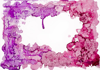 Abstract watercolor blot in the form of a frame with splashes on a white background. Figure paints in purple colors. Big stain on paper. Texture for design