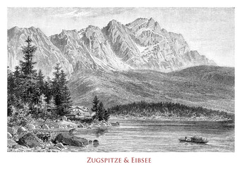 Panoramic view of the Eibsee Bavarian lake at the base the Zugspitze, the highest mountain in Germany south of the town of Garmisch-Partenkirchen near the Austria–Germany border - obrazy, fototapety, plakaty