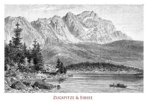 Panoramic view of the Eibsee Bavarian lake at the base the Zugspitze, the highest mountain in Germany south of the town of Garmisch-Partenkirchen near the Austria–Germany border