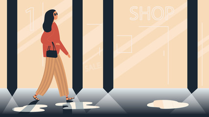 Fototapeta na wymiar Vector illustration of a stylish girl walking down the street in the evening through fashion store and boutique