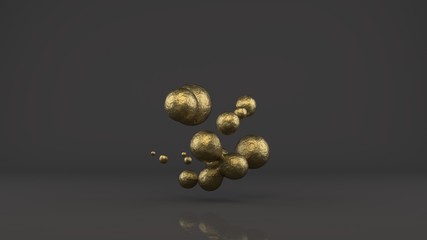 3D rendering of a set of Golden drops, balls in space, in weightlessness over a reflective surface. Gold has faded, rusted, aged, lost its value. Nugget on a dark background. Abstraction.
