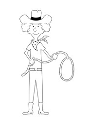 man in a cowboy suit holding a lasso and wearing a hat. cartoon illustration