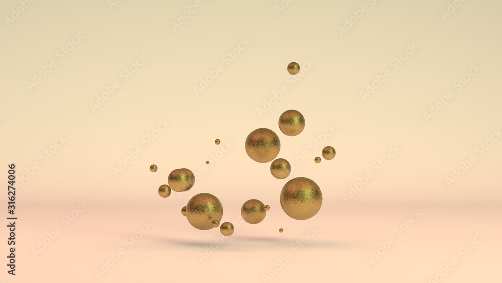 Poster 3d rendering of a set of golden balls in space, in weightlessness. gold has faded, rusted, aged, los