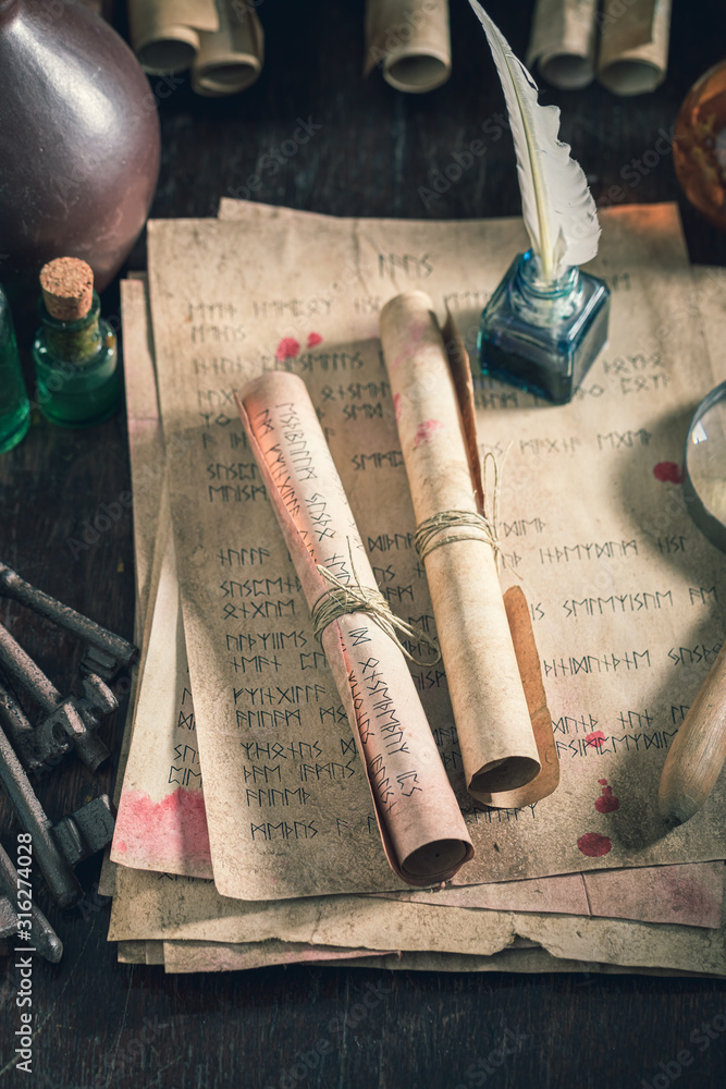 Poster magic scribe library full of medieval and old scrolls