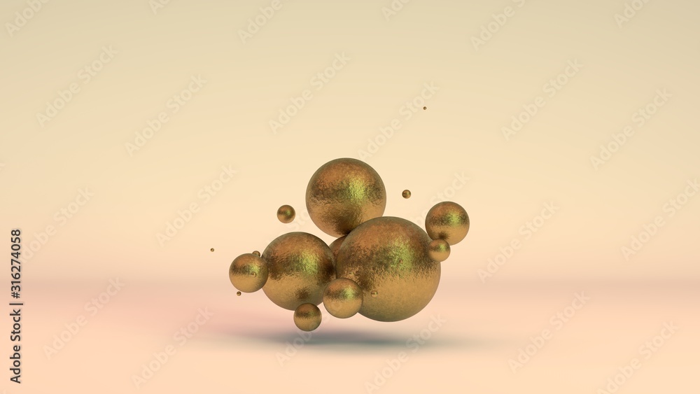 Poster 3d rendering of a set of golden balls in space, in weightlessness. gold has faded, rusted, aged, los