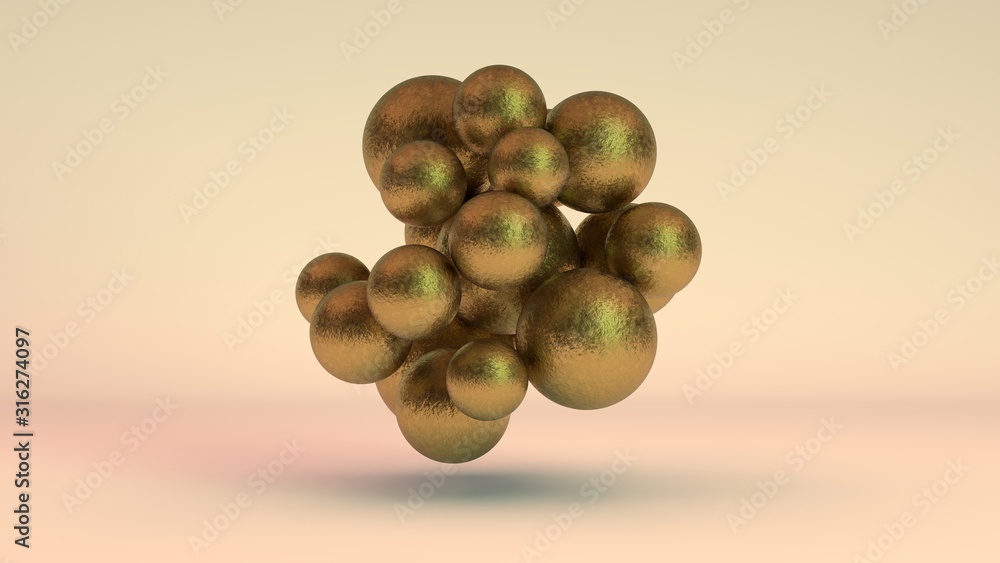 Poster 3d rendering of a set of golden balls in space, in weightlessness. gold has faded, rusted, aged, los