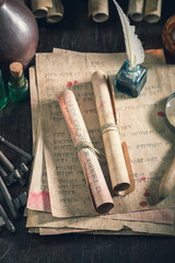 Magic scribe library full of medieval and old scrolls