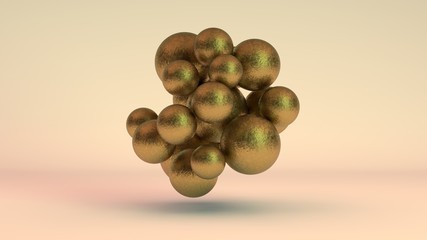 3D rendering of a set of Golden balls in space, in weightlessness. Gold has faded, rusted, aged, lost its value. Nugget on a dark background. Abstraction for business compositions on inflation.