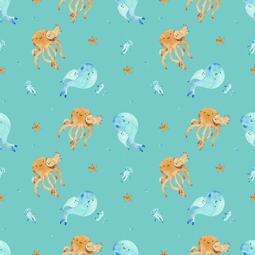 Watercolor sea animals pattern for baby (octopus, whale, jellyfish)