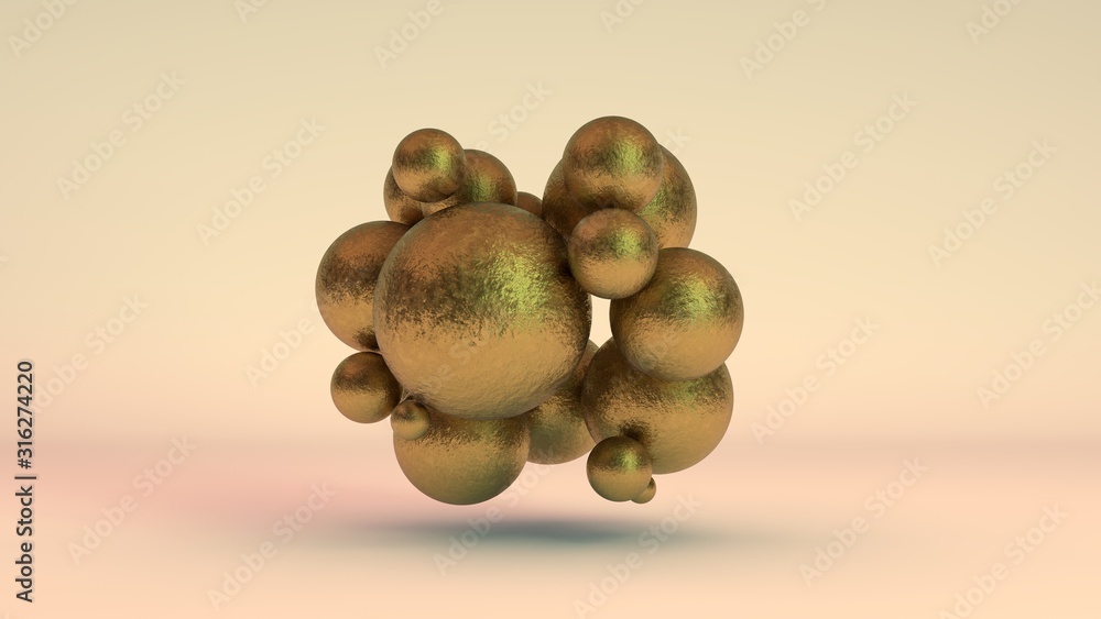 Poster 3d rendering of a set of golden balls in space, in weightlessness. gold has faded, rusted, aged, los