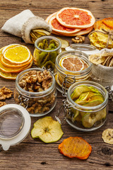 Zero waste food shopping concept. Assortment of dried fruits, walnuts. Sustainable lifestyle