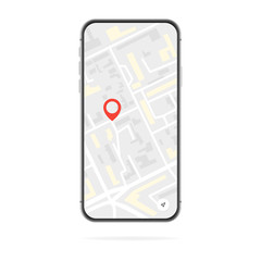 Smartphone with a map on the phone screen and a red GPS dot, isolated on a white background. Vector illustration of location search