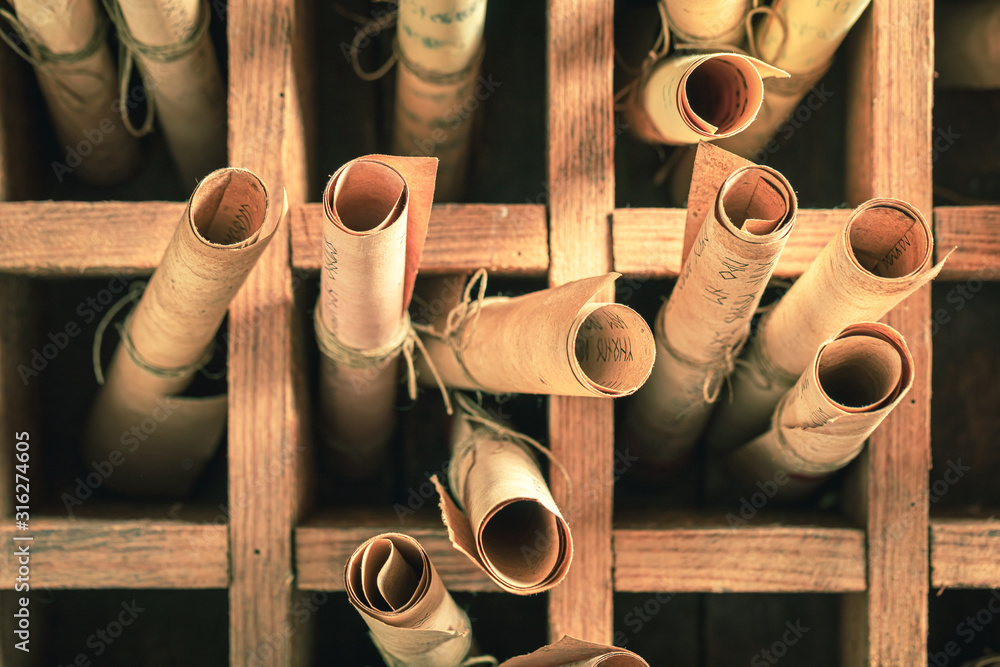 Aufkleber vintage scribe library with scrolls based of futhark alphabet