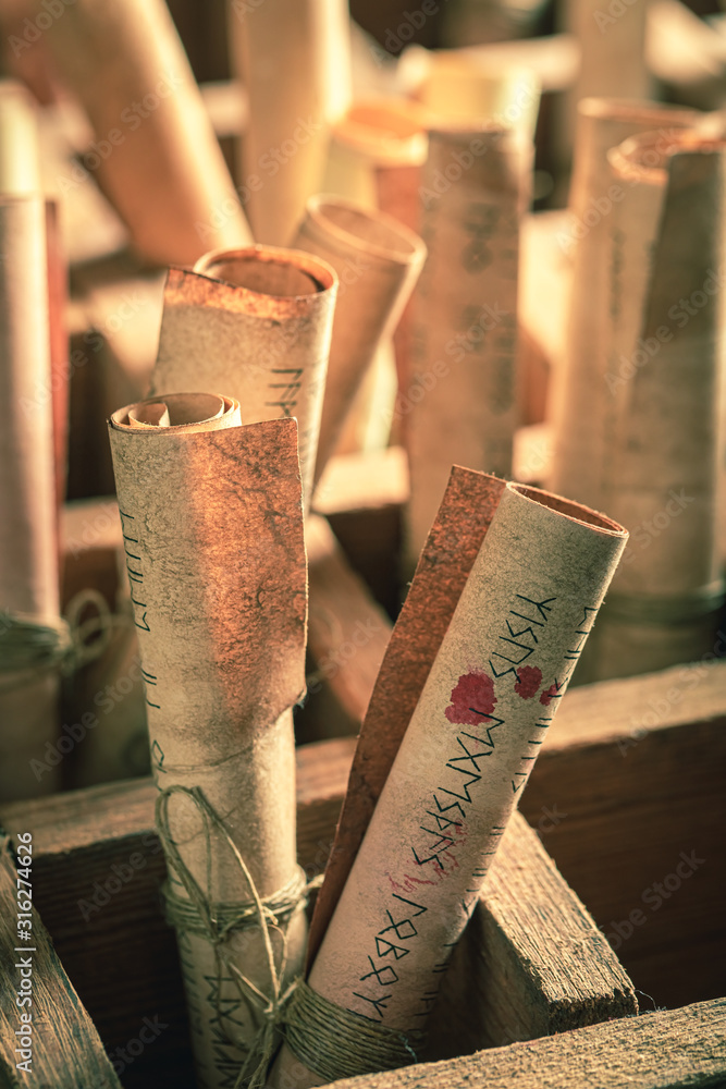Poster vintage library with scrolls based of futhark alphabet