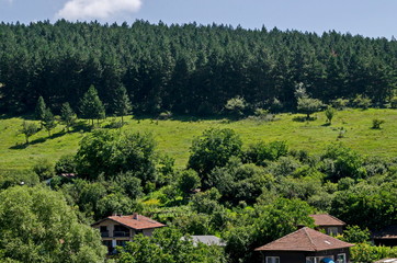 Summer scene with mountain glade, forest and residential district of bulgarian Zhelyava village, Sofia region, Balkan mountain, Bulgaria  
