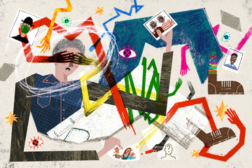 Abstract Conceptual Collage Mixed Media Illustration of Old Man, Prosopagnosia, Face Blindness