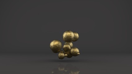 3D rendering of a set of Golden drops, balls in space, in weightlessness over a reflective surface. Gold has faded, rusted, aged, lost its value. Nugget on a dark background. Abstraction.