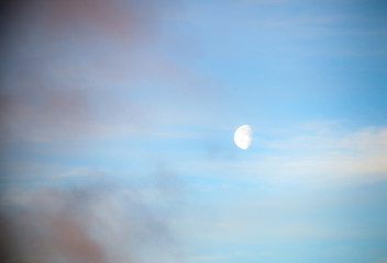 Blue sky with clouds and sun reflection in water with place for your text. anazing clouds, mist in the sky