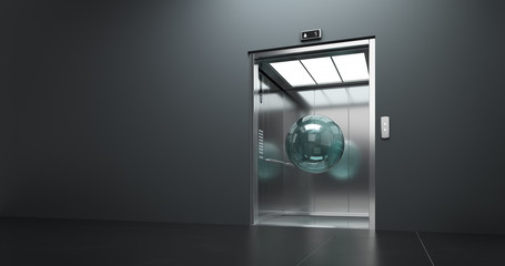 Passenger elevator with open doors and abstract glass sphere inside. 3D render