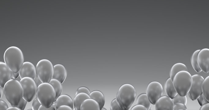 Silver balloons floating in the air with copy space. 3D render