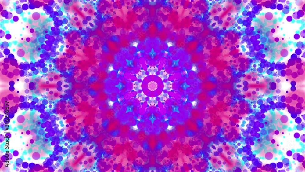 Poster beautiful kaleidoscope patterns of multicolored round particles on a white background. abstract anim