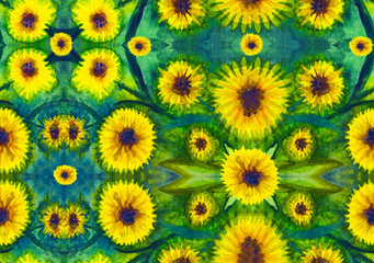 Fototapeta na wymiar Watercolor sunflowers in a hand drawn seamless pattern.