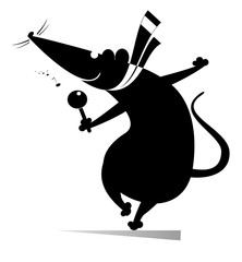 Singer rat or mouse isolated illustration. Funny rat or mouse holds a microphone and sing a song black on white