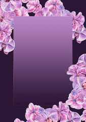 Watercolor hand painted frame. Stunning pink orchidea on dark background. Perfect for wedding invitation, greeting cards,scrapbooking, textile design, fabric, wallpaper, wrapping paper. © Tiana_Geo