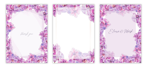 Watercolor hand painted frames set. Stunning pink orchidea on white background. Perfect for wedding invitation, greeting cards,scrapbooking, textile design, fabric, wallpaper, wrapping paper. © Tiana_Geo