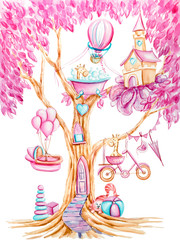 Watercolor hand painted pink fantasy tree with cute giraffes, baby toys. Perfect for print, kids poster, design birthday invitation, baby shower, fabric, textile design