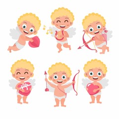 Valentine's day illustration. Set of cute cupids. Cupid playing music on the lyre, holding a box of chocolates, shoots a bow. Vector illustration on white background