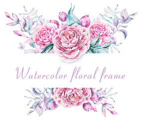Watercolor hand painted floral composition with flowers, leaves and berries. Hand drawn illustration. Perfect for patterns, cards, wedding invitations, baby shower, web design, logo